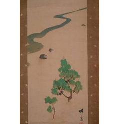 山下竹齋姫小松絹本象牙軸