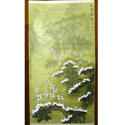 百鶴絹本特大黒檀掛軸